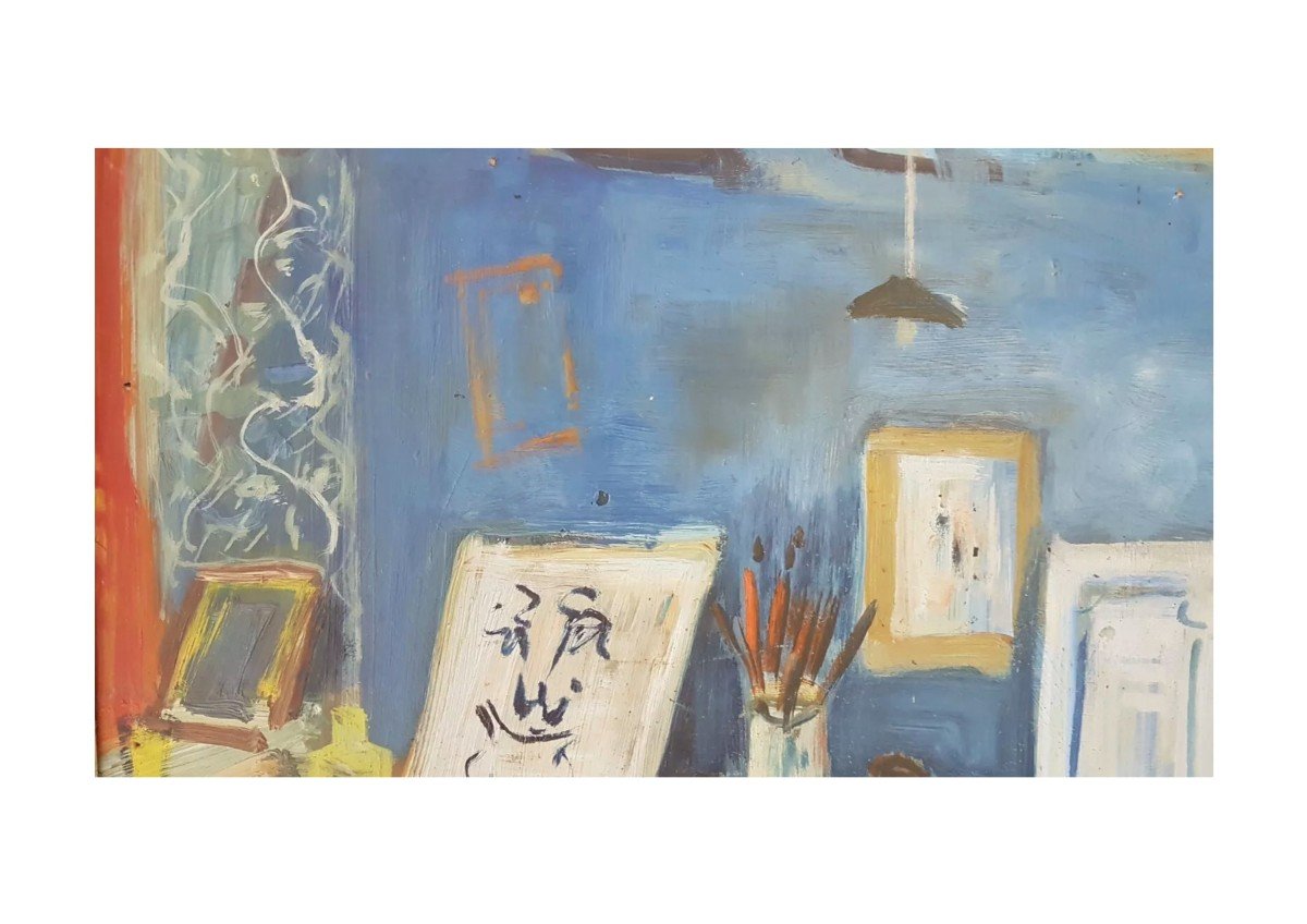 Oil On Isorel By Roland Dubuc (1924-1998) Studio Interior-photo-4