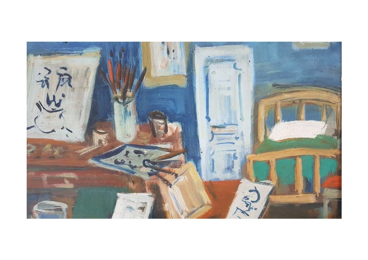 Huile Sur Isorel De Roland Dubuc (1924-1998) Intérieur d'Atelier-photo-5