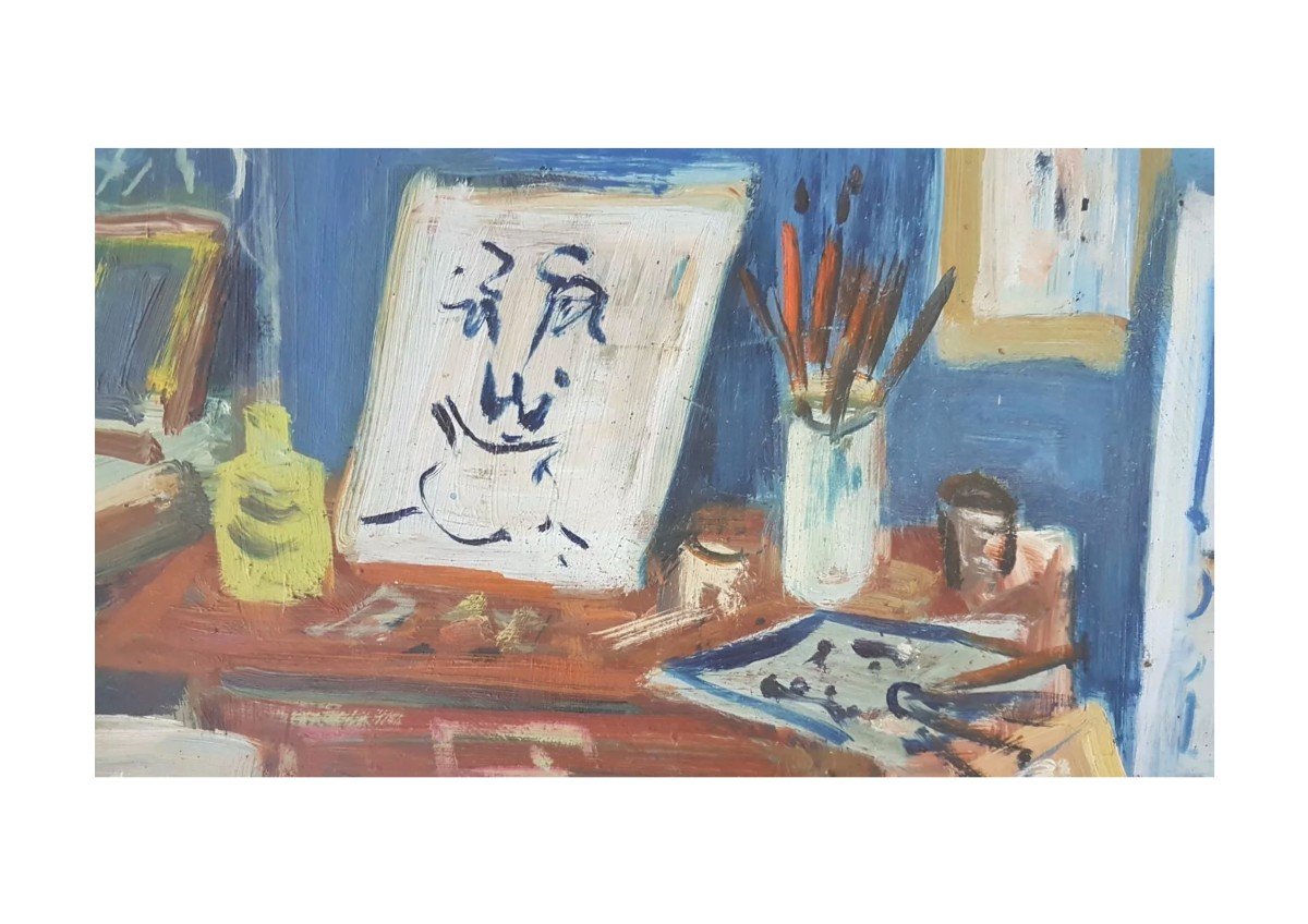 Huile Sur Isorel De Roland Dubuc (1924-1998) Intérieur d'Atelier-photo-6