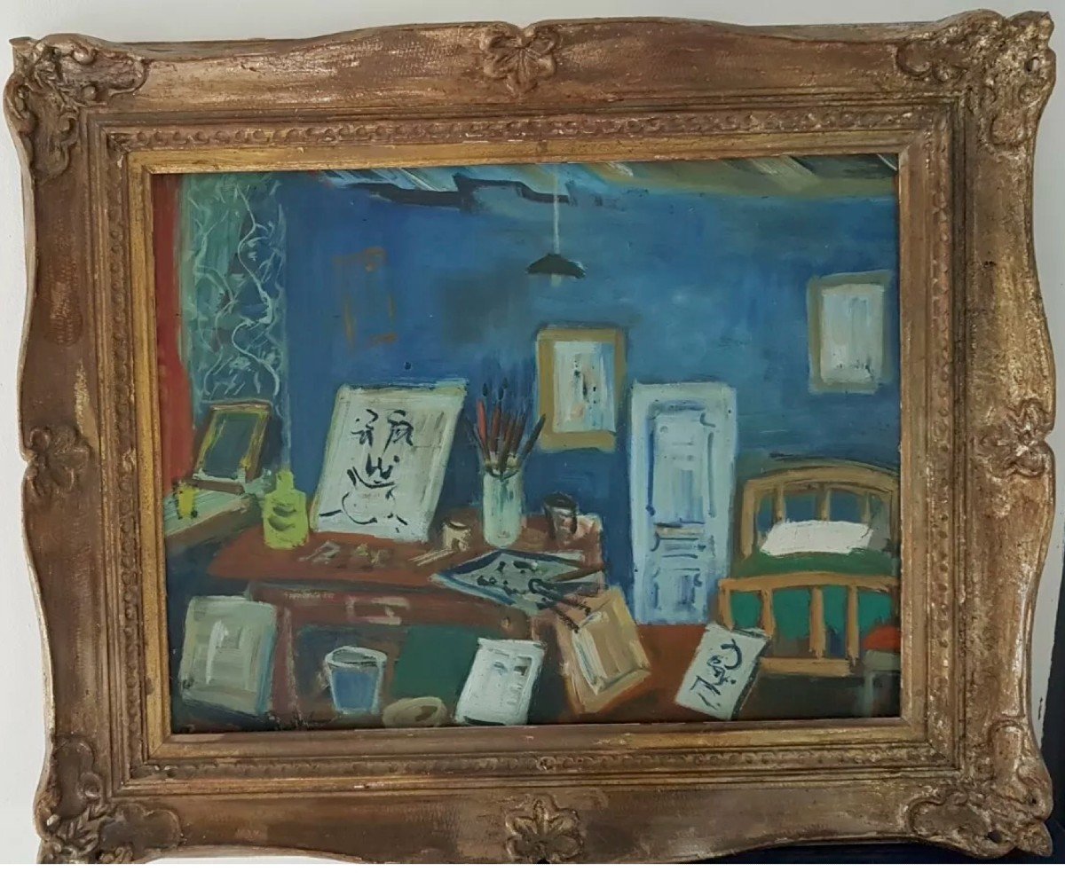 Huile Sur Isorel De Roland Dubuc (1924-1998) Intérieur d'Atelier