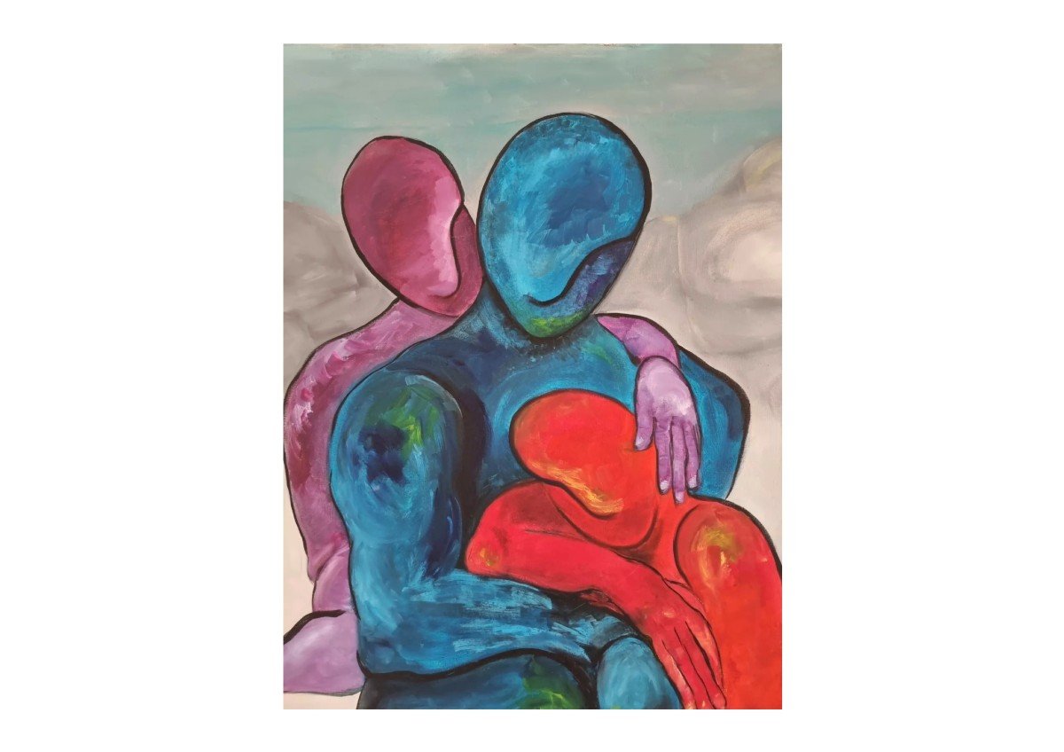 Peinture Huile Sur Toile Moderne Abstrait Signée Couple Et Enfant-photo-2