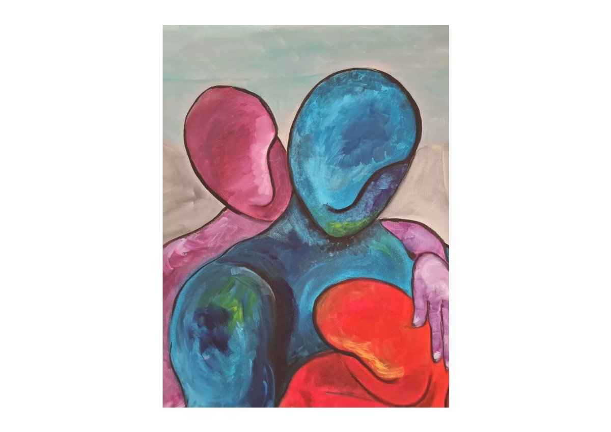 Peinture Huile Sur Toile Moderne Abstrait Signée Couple Et Enfant-photo-2