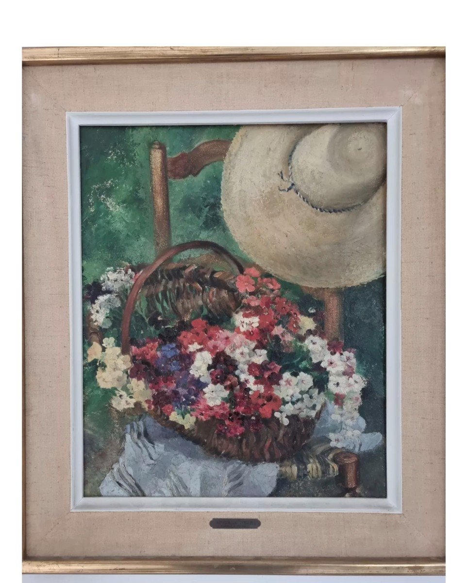 Ancienne Peinture Huile Fleur Popinet-conrad "retour Du Jardin"1944-photo-2