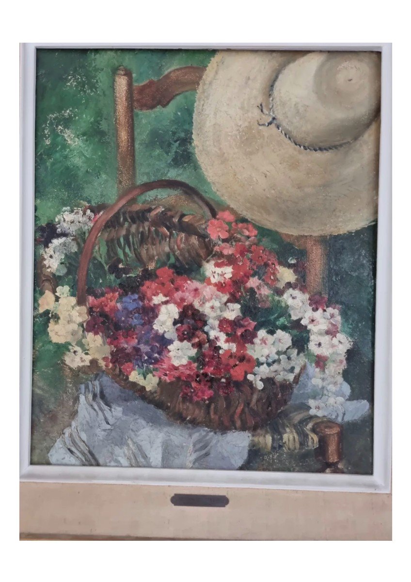 Ancienne Peinture Huile Fleur Popinet-conrad "retour Du Jardin"1944-photo-3