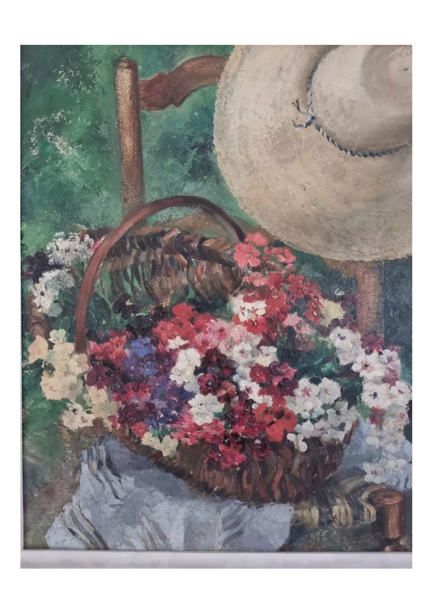 Old Oil Painting Flower Popinet-conrad "return From The Garden" 1944-photo-4