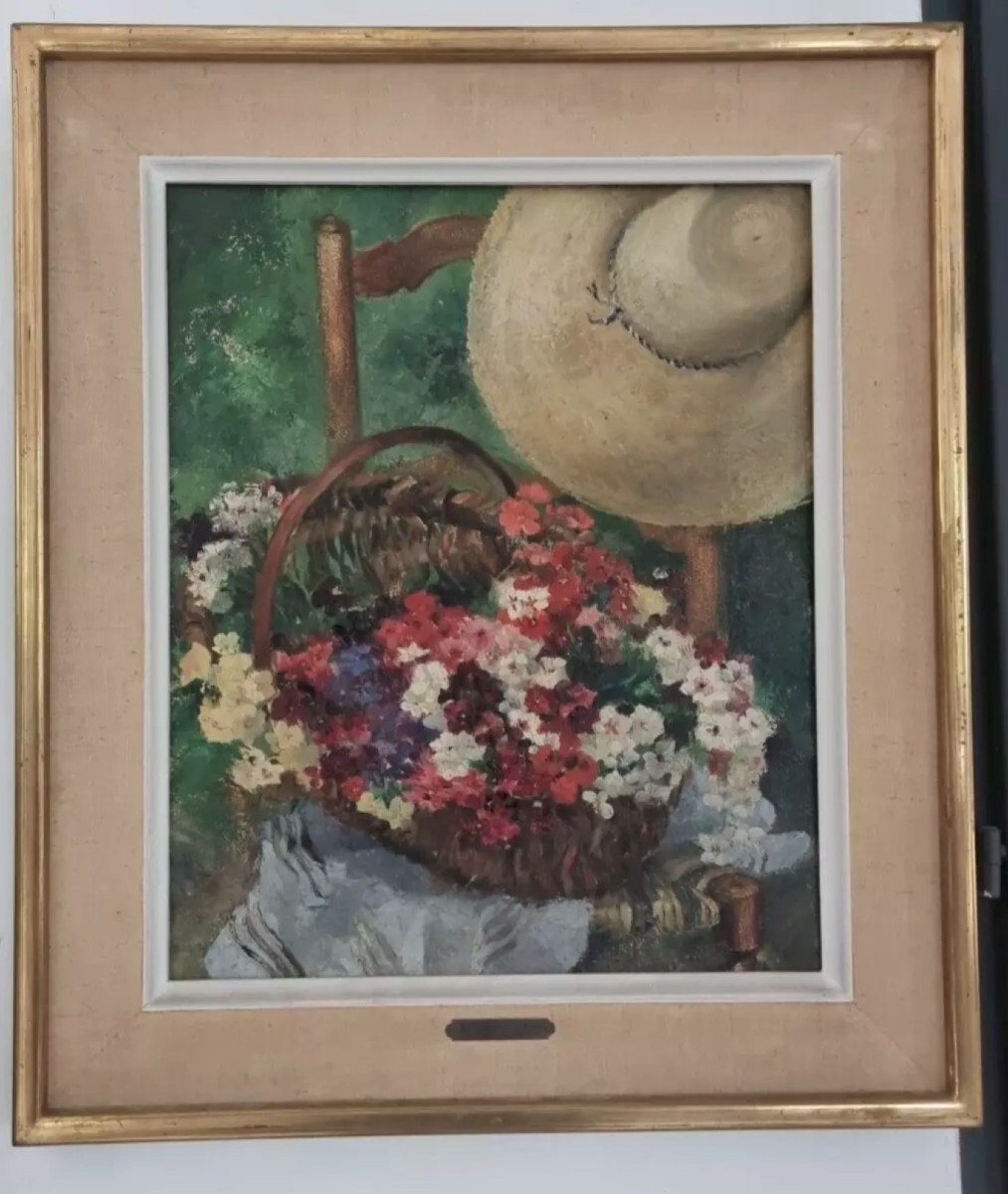 Ancienne Peinture Huile Fleur Popinet-conrad "retour Du Jardin"1944