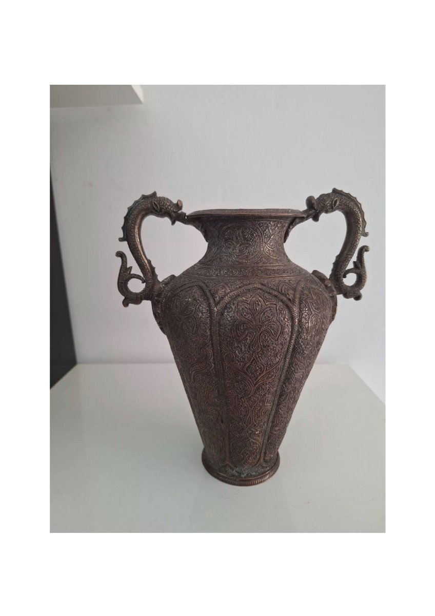 Copper Vase Engraved Dragons Mughal Art Or Syria Persia-photo-2