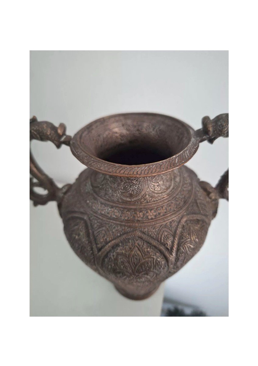 Copper Vase Engraved Dragons Mughal Art Or Syria Persia-photo-1