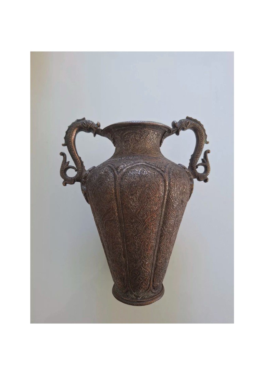 Copper Vase Engraved Dragons Mughal Art Or Syria Persia-photo-3