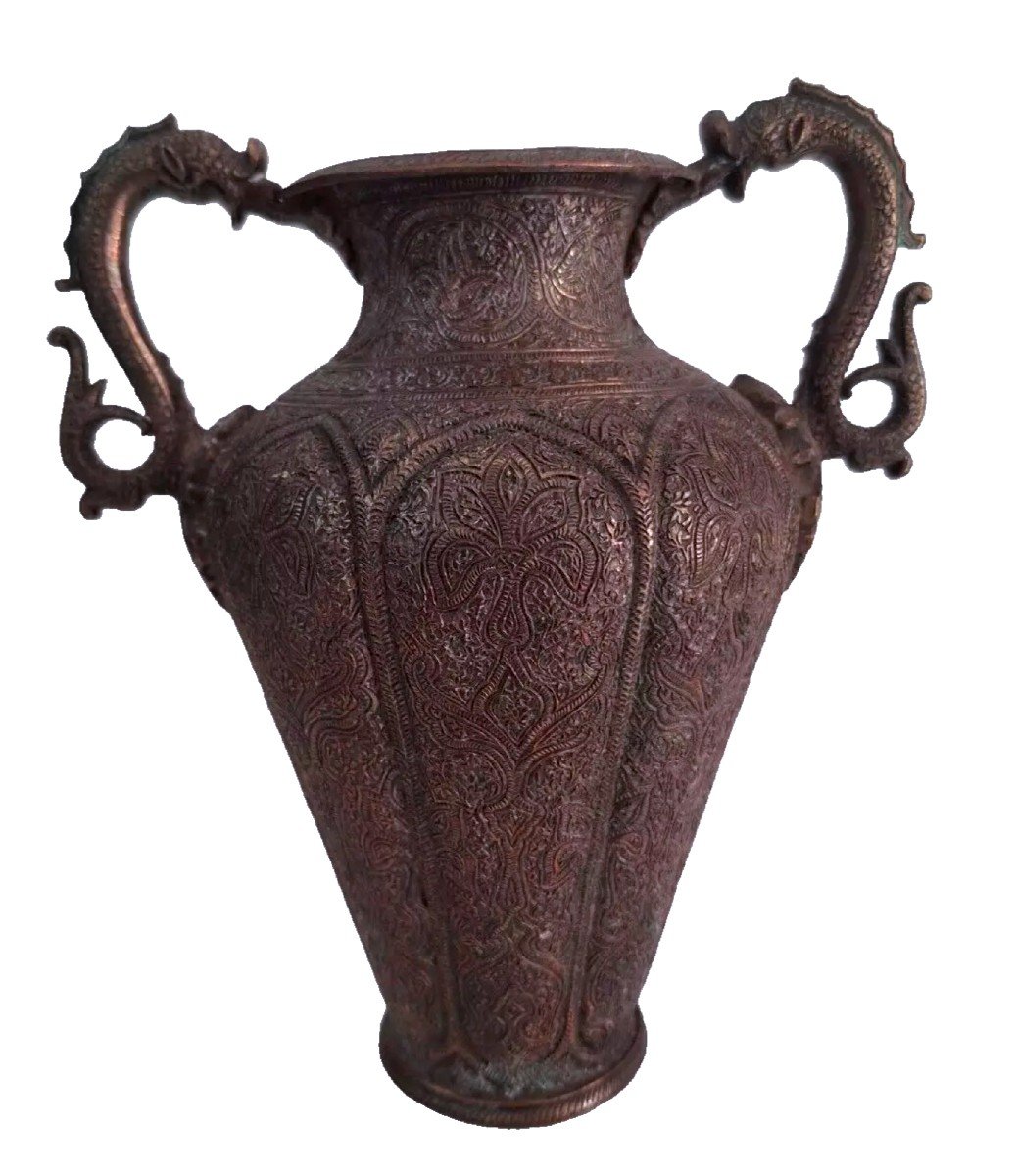 Copper Vase Engraved Dragons Mughal Art Or Syria Persia