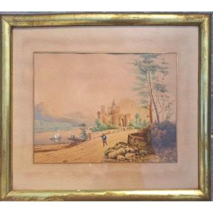 Old 19th Century Landscape Painting Signed Nicolas Louis Albert De La Rive