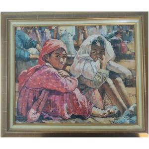 Oil On Canvas Orientalist Young Berber Girls