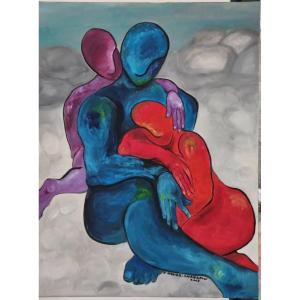 Peinture Huile Sur Toile Moderne Abstrait Signée Couple Et Enfant