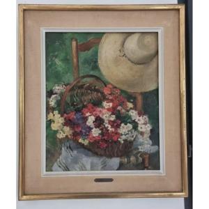 Ancienne Peinture Huile Fleur Popinet-conrad "retour Du Jardin"1944