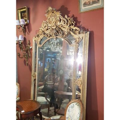 Miroir XIX En Bois Et Stuc Doré à La Feuille D Or