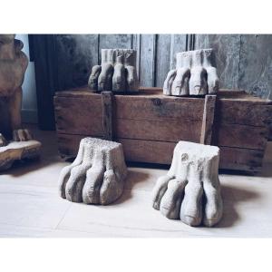 Superb Set Of 4 Lions' Paws - Carved Stone - 19th Century