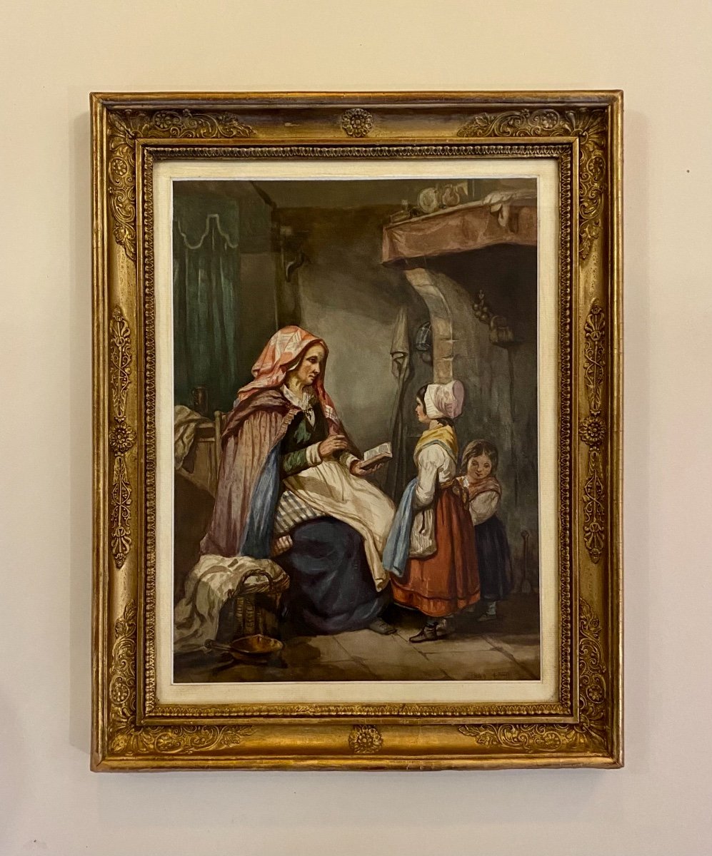 Gouache - Grandmother And Her Grandchildren - 1849 G.jouet