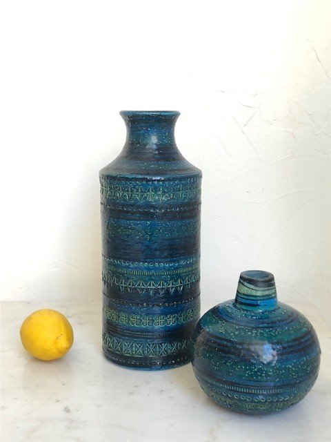 Rare Double Vase / Soliflore En Ceramique Bitossi Rimini Bleu Design Italien 1950-photo-2