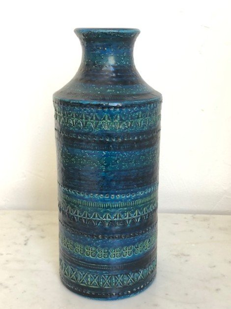 Rare Double Vase / Soliflore En Ceramique Bitossi Rimini Bleu Design Italien 1950-photo-3