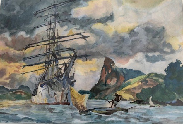 Aquarelle Scène De Marine En Polynésie De M Canu De 1940