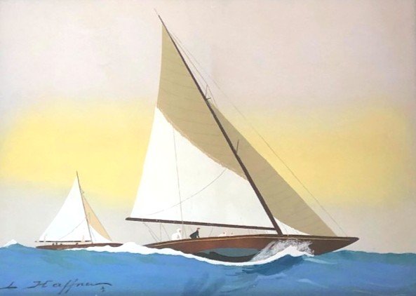 Léon Haffner ( 1881-  1972 ) Gouache Au Pochoir ( Marine, Goelette )-photo-2