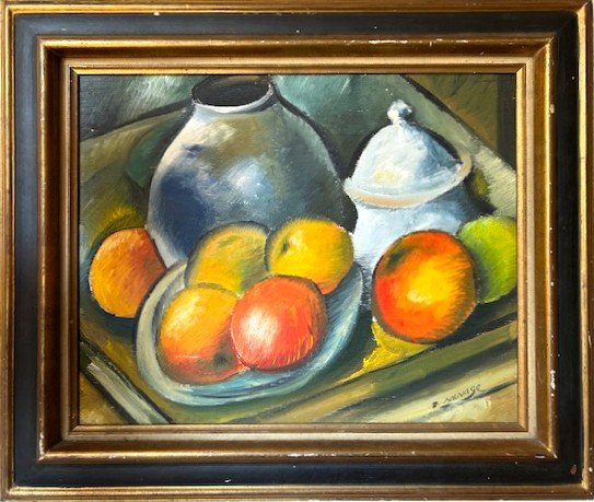 Still Life With Fruits Oil On Panel  F Sauvage 1950-1960 (paul Cezanne Spirit) Impressionnisme