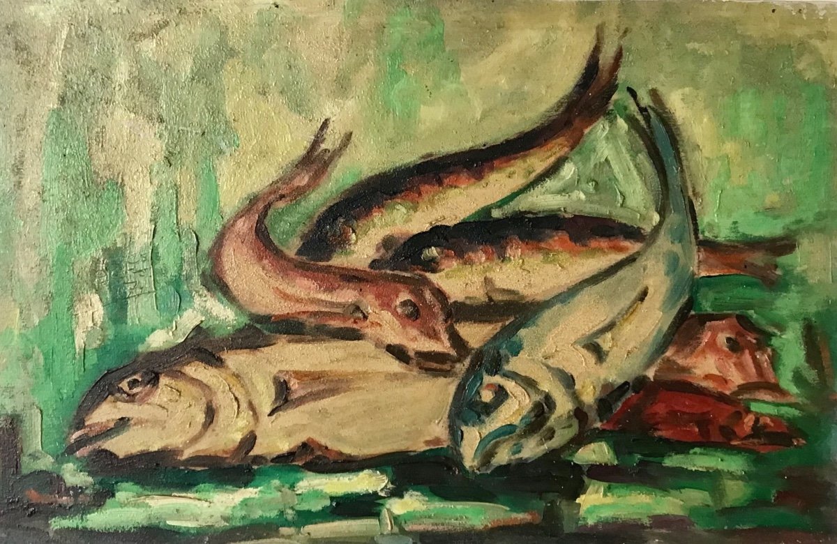 Huile Sur Panneau  Nature Morte Aux Poissons De Georges Rogers  1970 ( Expressionnisme XXeme)-photo-2