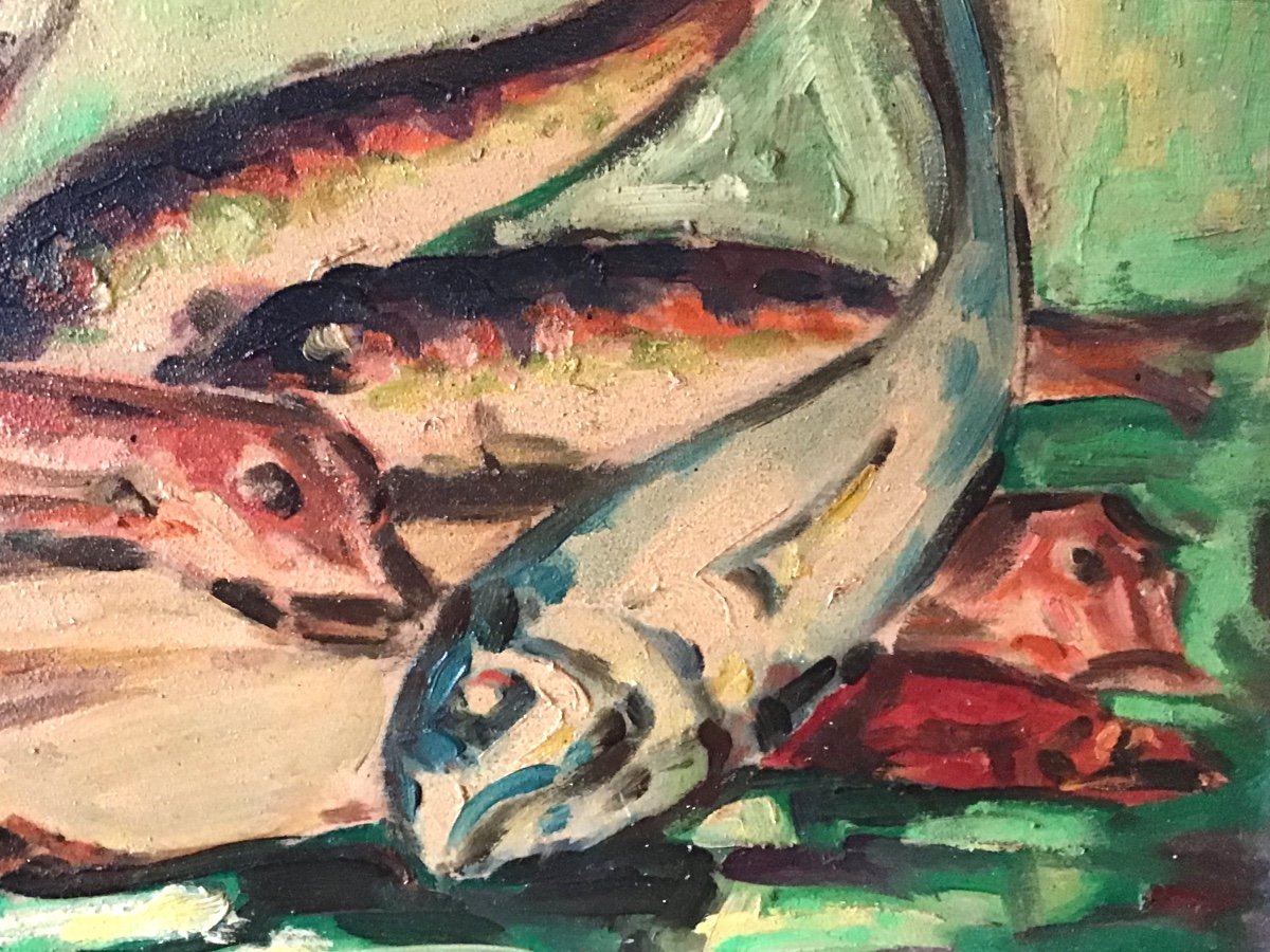 Huile Sur Panneau  Nature Morte Aux Poissons De Georges Rogers  1970 ( Expressionnisme XXeme)-photo-3