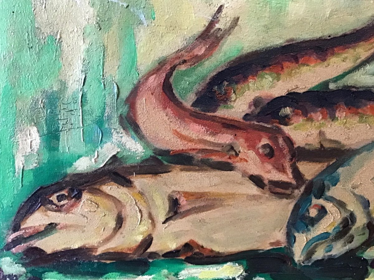 Huile Sur Panneau  Nature Morte Aux Poissons De Georges Rogers  1970 ( Expressionnisme XXeme)-photo-4