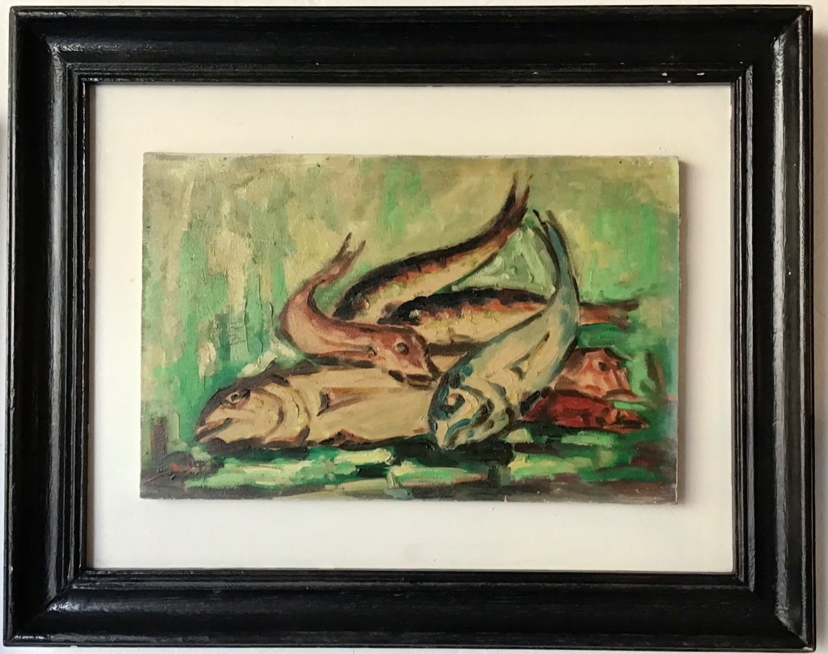 Huile Sur Panneau  Nature Morte Aux Poissons De Georges Rogers  1970 ( Expressionnisme XXeme)