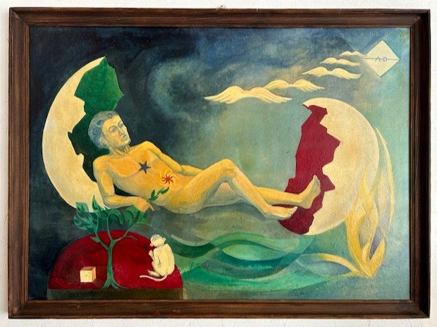 Oil On Cardboard Martine Cazin 1974 (surrealist 20th Century French Work)