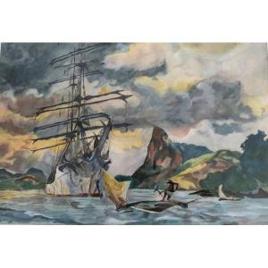 Watercolor Marine Scene In Polynesia By M Canu From 1940