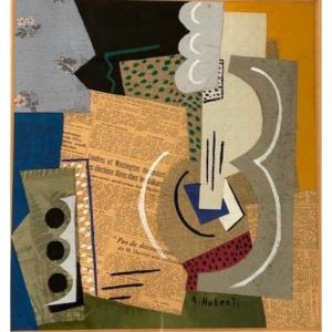 Antonio Huberti (1898- 1980) Mixed Technique Cubist Collage Watercolor Cubism