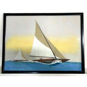 Léon Haffner (1881-1972) Stencil Gouache (marine, Schooner)