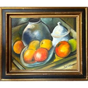 Still Life With Fruits Oil On Panel  F Sauvage 1950-1960 (paul Cezanne Spirit) Impressionnisme