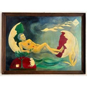 Oil On Cardboard Martine Cazin 1974 (surrealist 20th Century French Work)