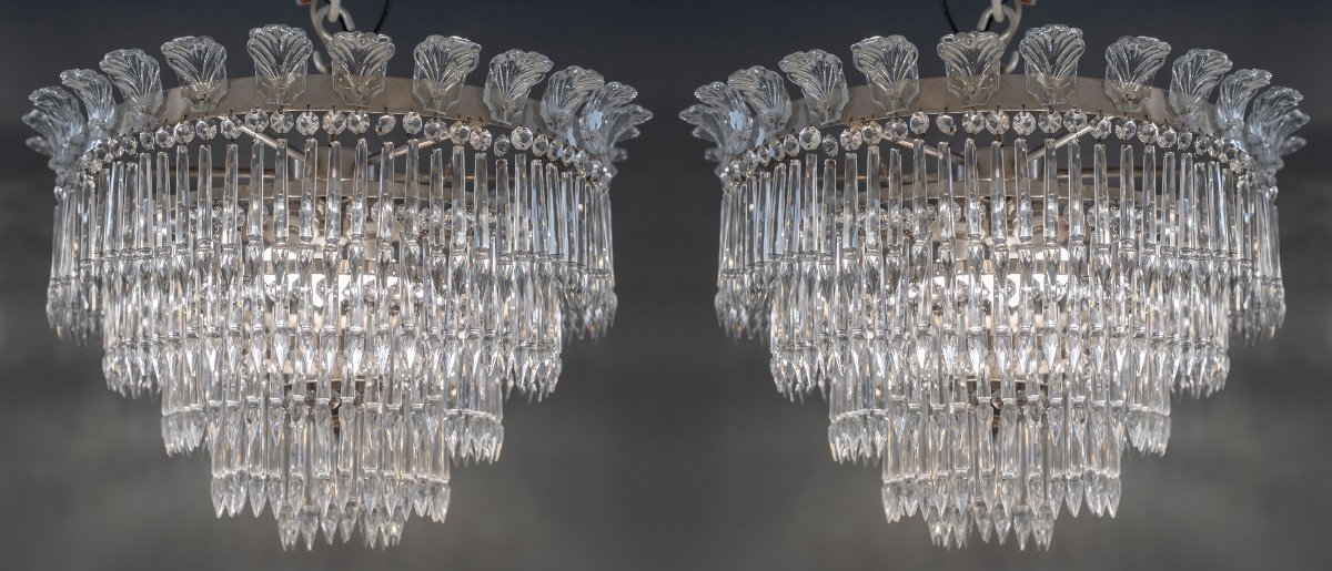 Pair Of Ceiling Lights In Nickel-plated Brass, With Crystal Tassels