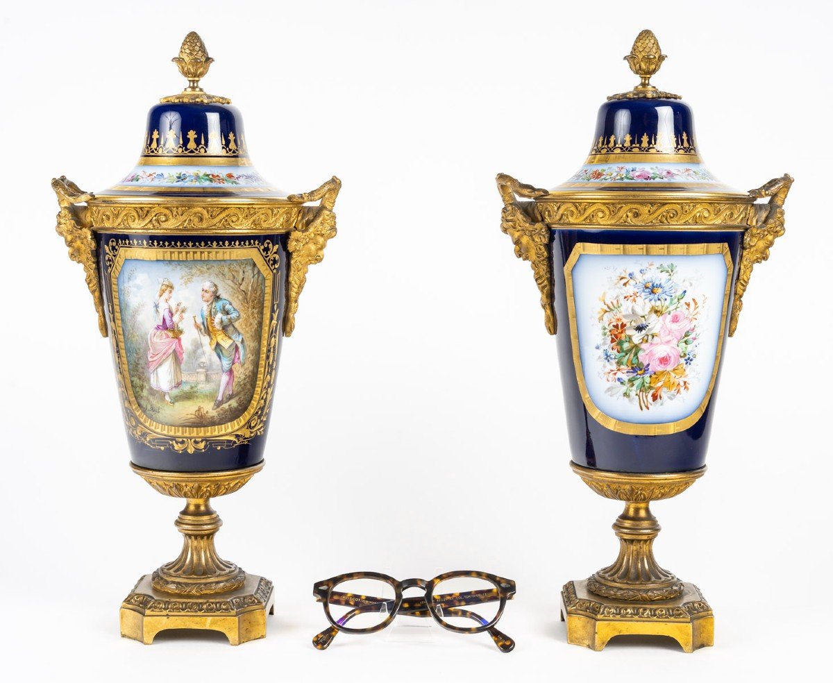 Pair Of Covered Vases In Sevres Porcelain.