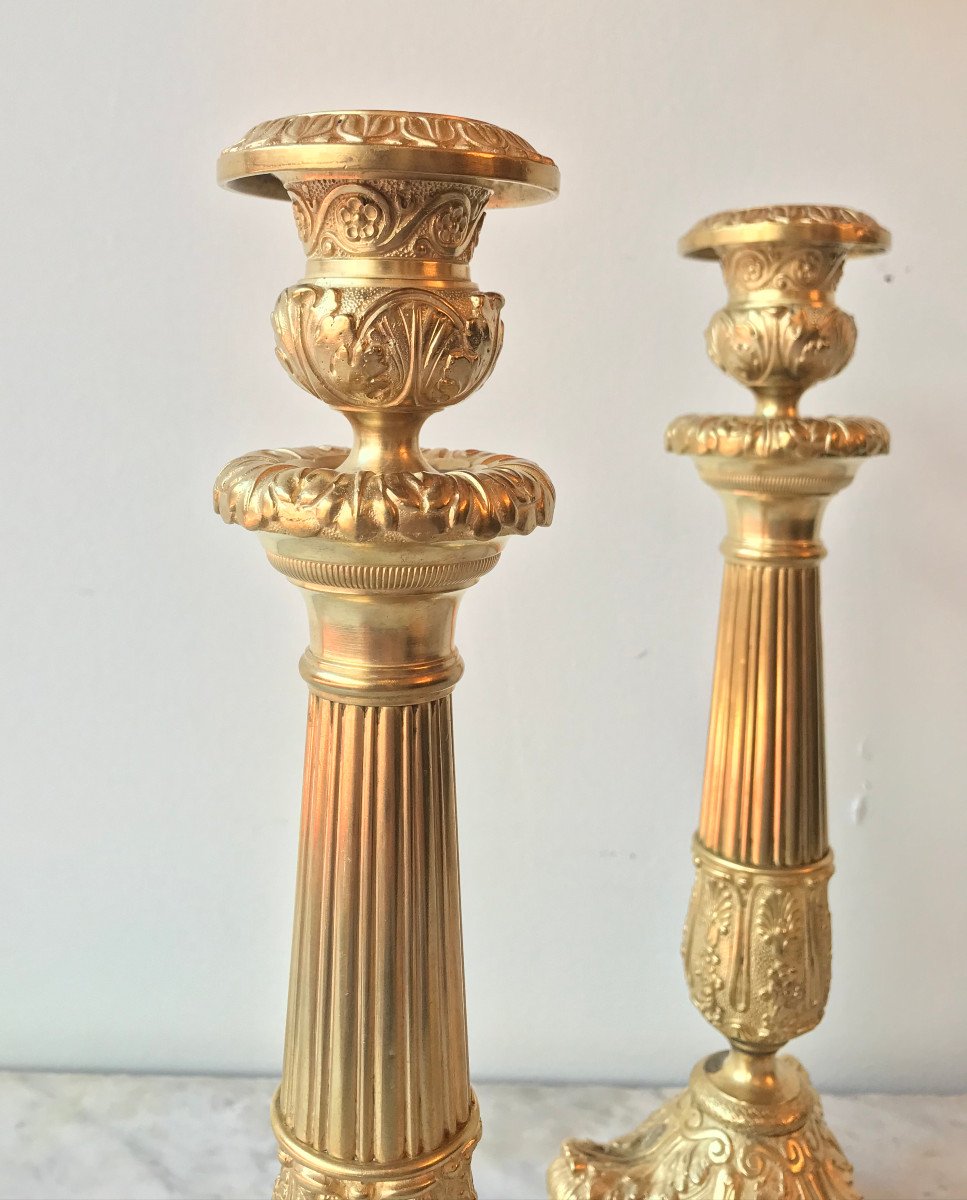 Pair Of Candlesticks Restoration Period, Gilt Bronze, XIXth-photo-2