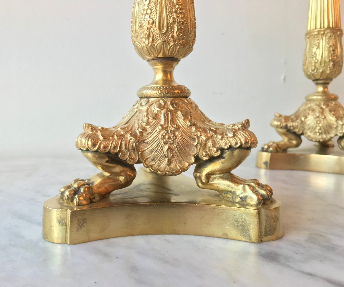 Pair Of Candlesticks Restoration Period, Gilt Bronze, XIXth-photo-4