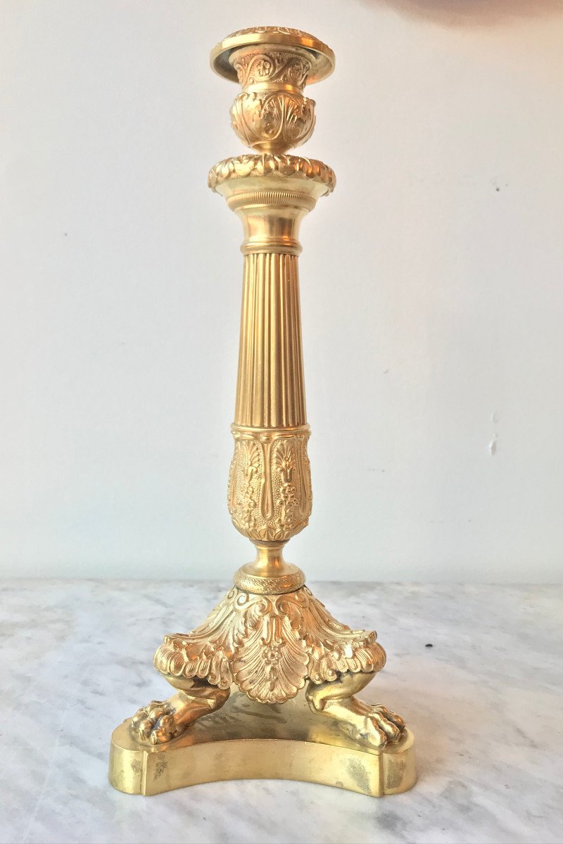 Pair Of Candlesticks Restoration Period, Gilt Bronze, XIXth-photo-1