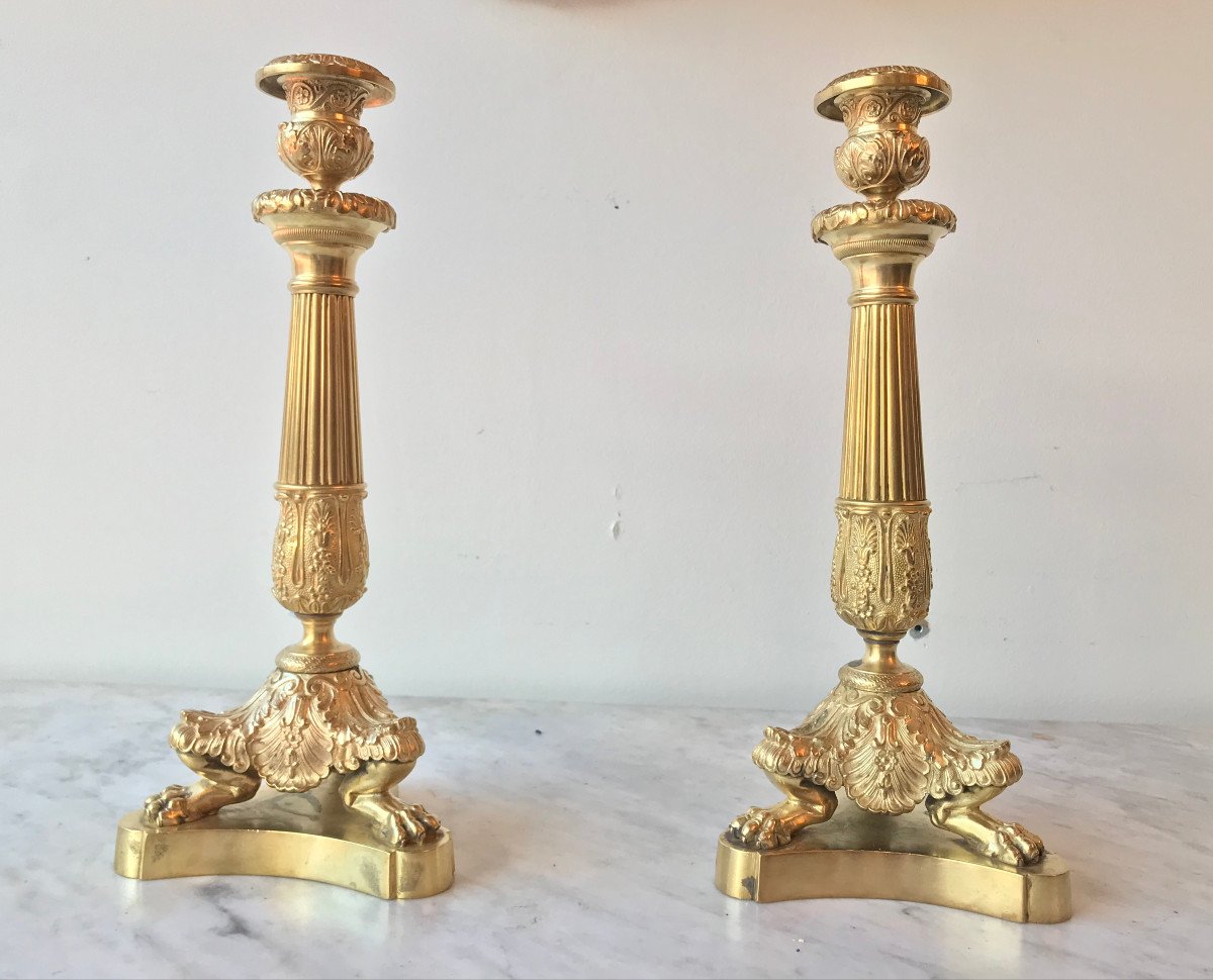 Pair Of Candlesticks Restoration Period, Gilt Bronze, XIXth