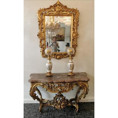Miroir Style Louis XV En Bois Sculpté Et Doré à La Feuille d'Or, Miroir Au Mercure.