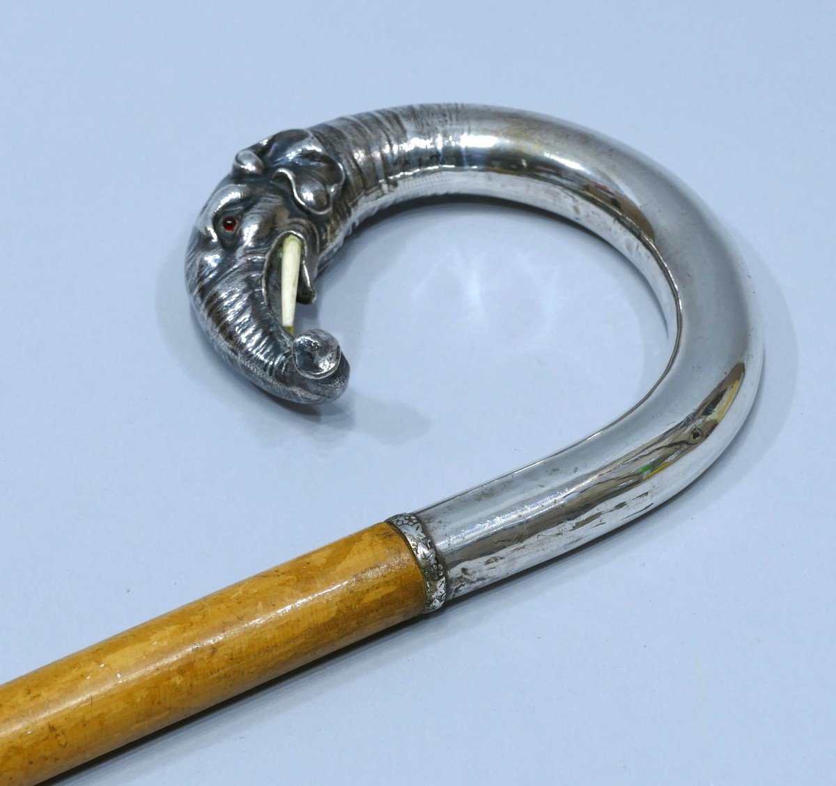 Canne De Collection Avec Pommeau En Argent à Tête d'éléphant Datable Du 19ème Siècle-photo-3