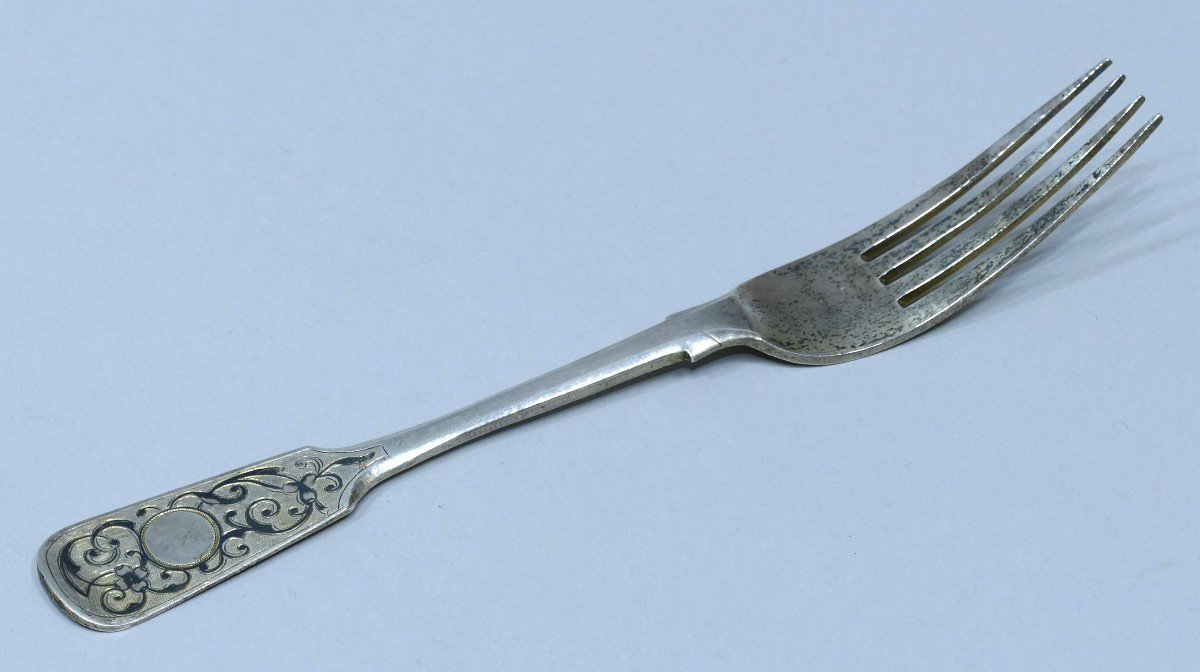 Fork, Spoon And Knife Set In Niello Silver Moscow Between 1865 And 1872.-photo-3