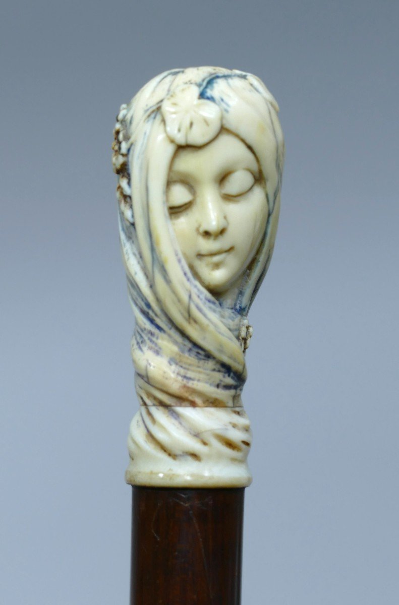 Collection Cane With Polychrome Ivory Handle Representing A Pretty Woman In Profile-photo-2