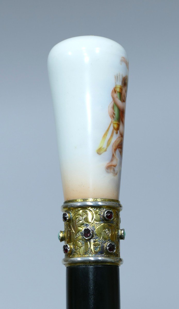 Great Cane With Beautiful Polychrome Porcelain Handle Representing Eros-photo-3