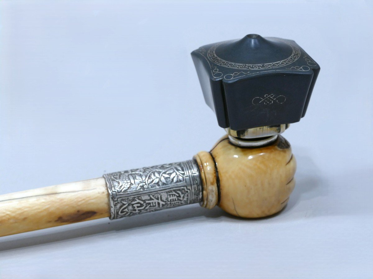 Short Opium Pipe In Ivory And Silver Datable From The 19th Century-photo-2