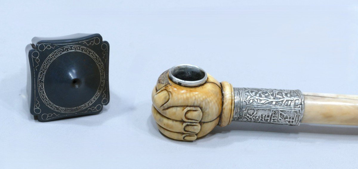 Short Opium Pipe In Ivory And Silver Datable From The 19th Century-photo-3