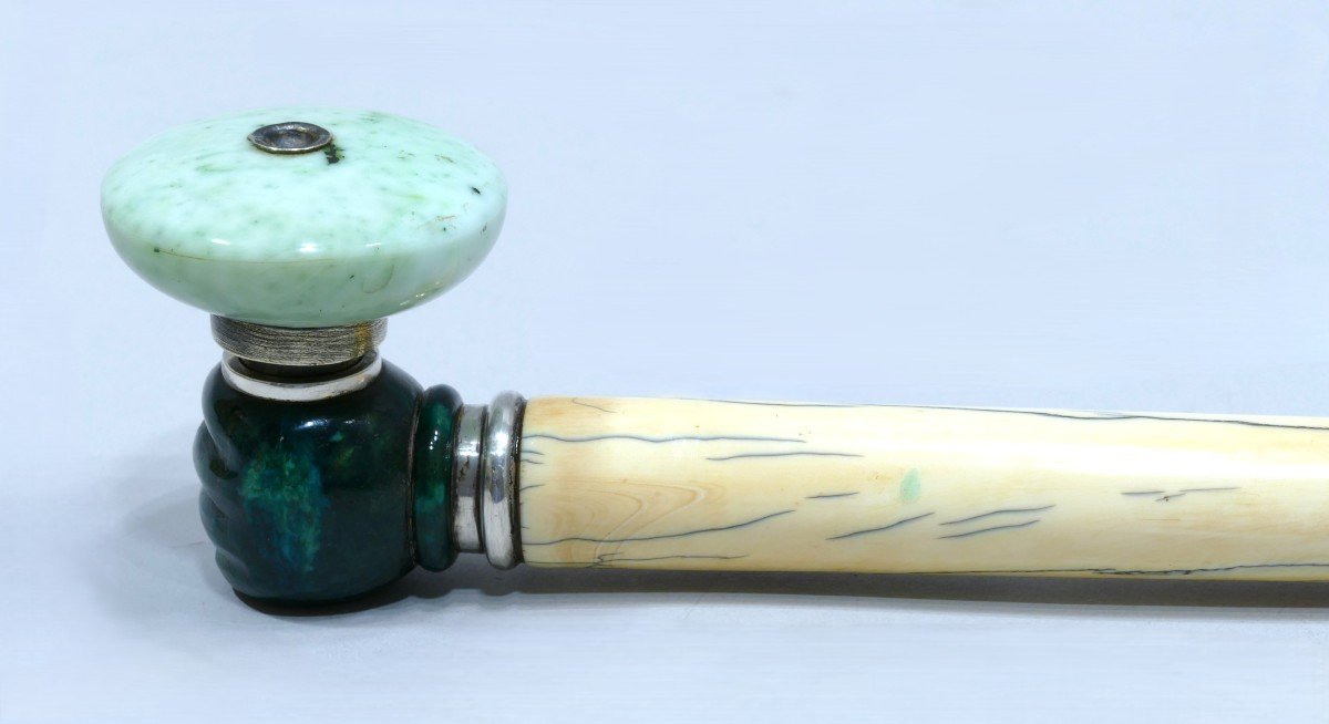 Pipe à Opium Courte En Ivoire, Malachite Et Jade Moucheté Datable Du 19ème Siècle-photo-2